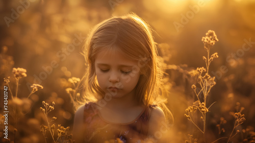 Girl in golden field at sunset.