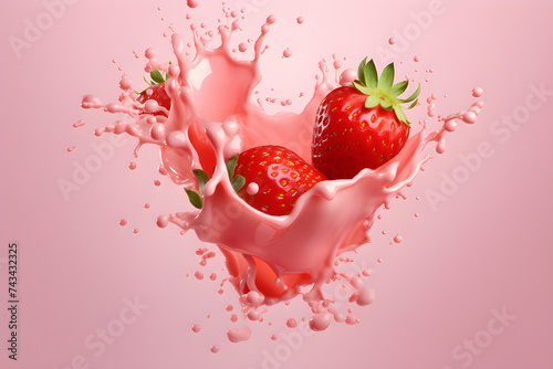 Close-up of milky pink splashes with strawberries flying on a pink background, created by artificial intelligence. 3D illustration, generated by AI. 3D illustration