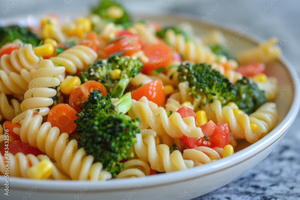 Pasta fusilli with broccoli, carrot, corn, and tomatoes.