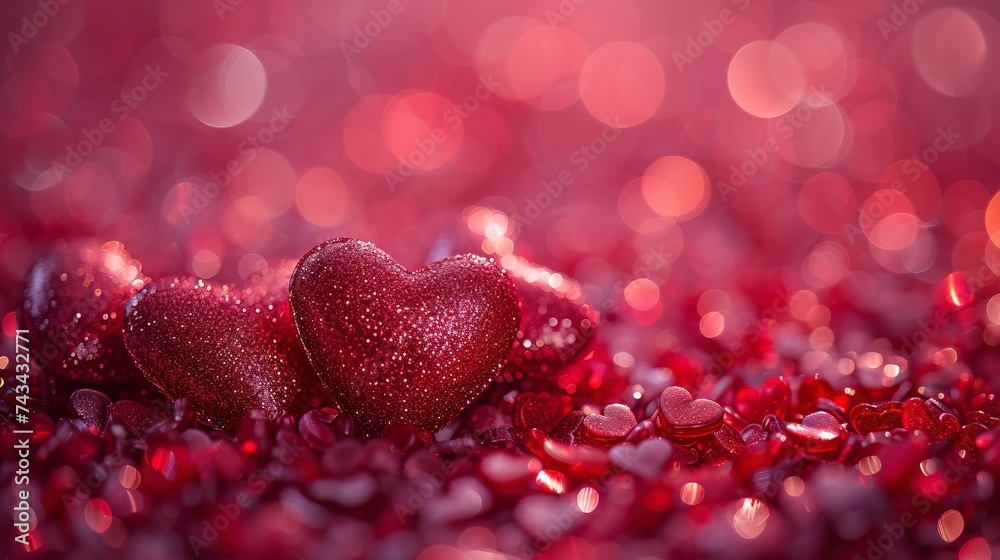 Small Red hearts shapes glowing confetti over pastel pink background.