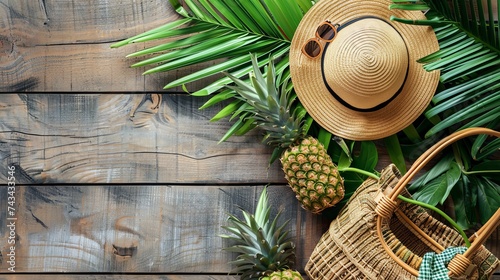 Straw hat, bamboo bag, sunglasses, palm branches, pineapple over wooden background, top view, wide composition. Summer fashion, holiday concept