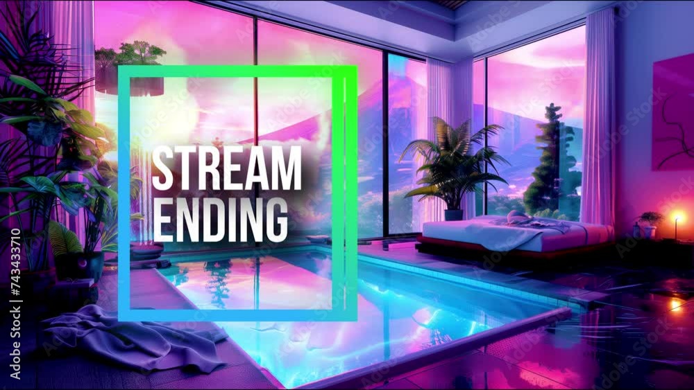Stream Ending Moment: Gentle animation with a tranquil bedroom and reflective pool, signaling the end while reminding viewers to follow, subscribe, and check the schedule. A serene farewell to ensure 
