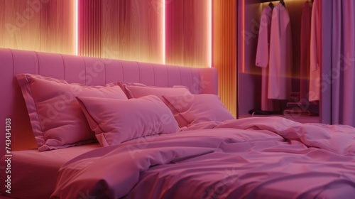 This design request focuses on a pink-themed bedroom with illuminated elements strategically placed on the headboard wall and inside wardrobes