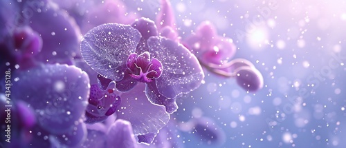 Delicate orchids embrace the chill, their frozen petals reflecting the beauty of falling snowflakes.