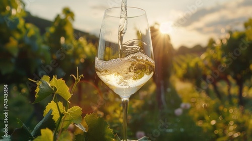 Wine glass with pouring white wine and vineyard landscape in sunny day. Winemaking concept  copy space