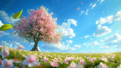 Blue spring sky, white clouds with a peach blossom tree.