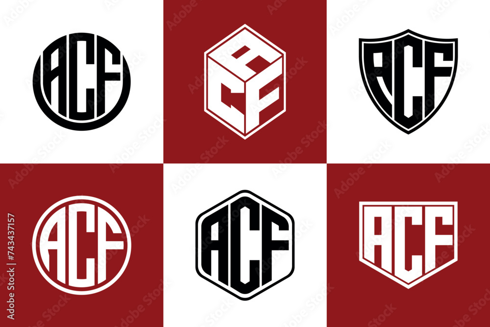ACF initial letter geometric shape icon logo design vector. monogram, letter mark, circle, polygon, shield, symbol, emblem, elegant, abstract, wordmark, sign, art, typography, icon, geometric, shape