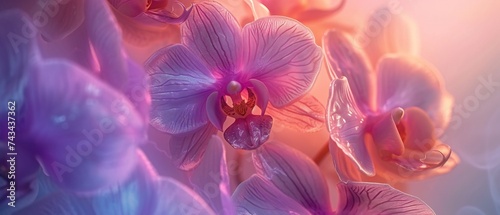 Orchid petals take on an ethereal glow in extreme macro  showcasing a delicate balance of cold and warm tones against a frosty backdrop.