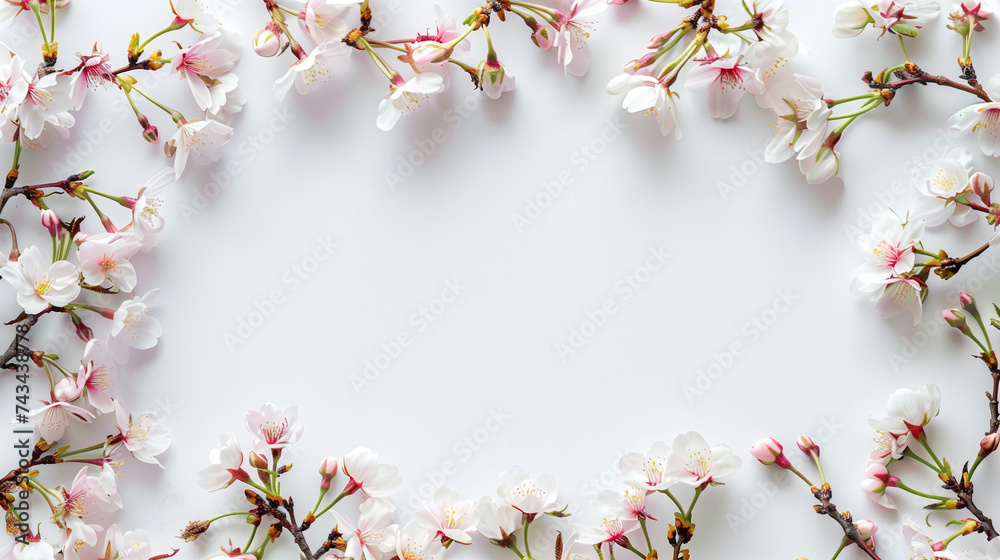 Frame of white spring flowers with clear space in the middle
