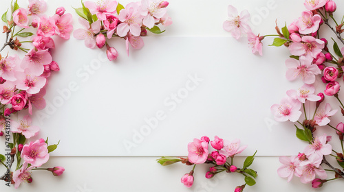 Frame of pink spring flowers with clear space in the middle
