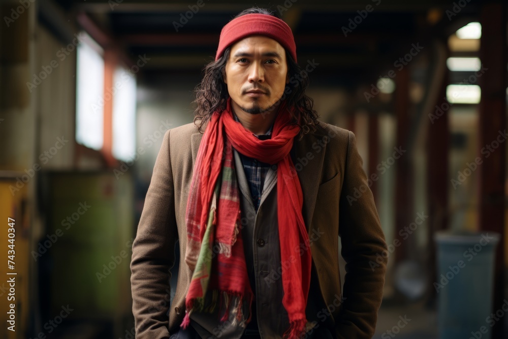 Portrait of a handsome young man wearing a red scarf and coat. Portrait of a handsome young man wearing a red scarf and coat.