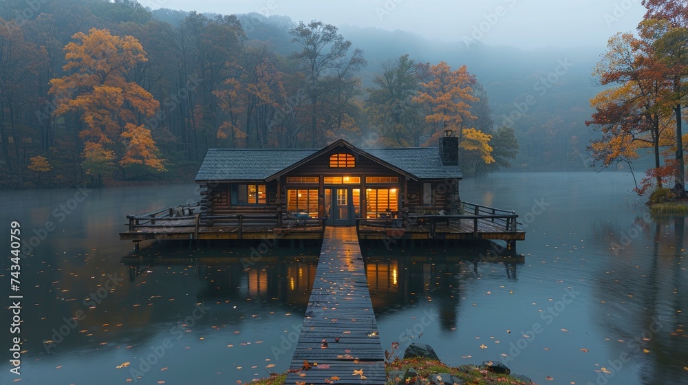 Tranquil Lakeside Cabin Surrounded, Background Image, Background For Banner, HD