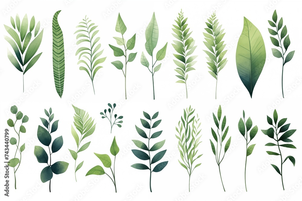 Set of various watercolor hand-painted leaves and plants isolated on a white background.