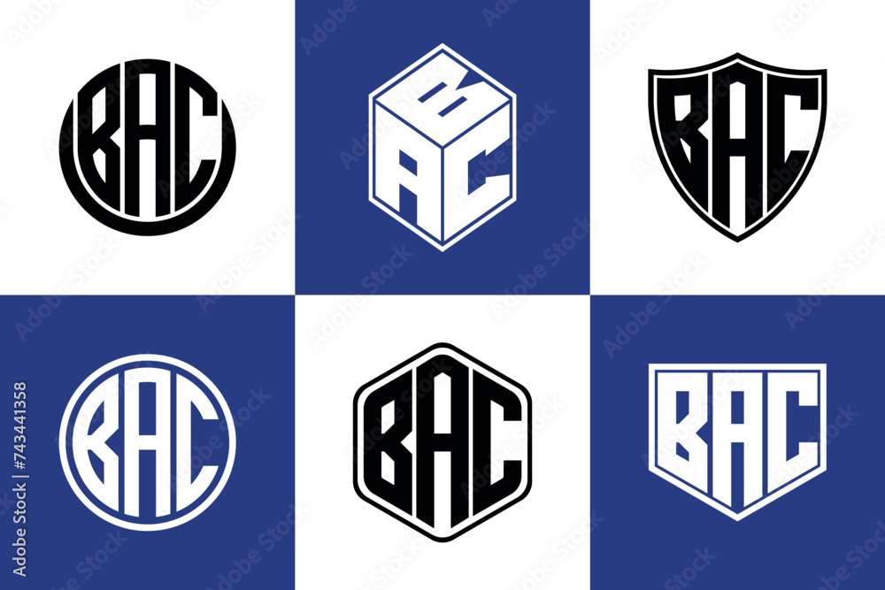 BAC initial letter geometric shape icon logo design vector. monogram, letter mark, circle, polygon, shield, symbol, emblem, elegant, abstract, wordmark, sign, art, typography, icon, geometric, shape