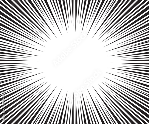 Background of radial lines for comic books. Manga speed ray. Superhero action  explosion background for various purpose. Black and white vector illustration