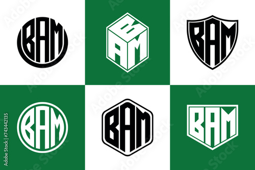BAM initial letter geometric shape icon logo design vector. monogram, letter mark, circle, polygon, shield, symbol, emblem, elegant, abstract, wordmark, sign, art, typography, icon, geometric, shape
