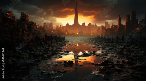 Captivating Urban Sunset: City Skyline Reflections in the Waters at Dusk, generative AI
