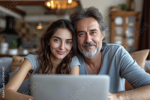 A man and woman happily sitting in front of a laptop, smiling and having fun
