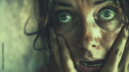Shocked woman with intense green eyes.