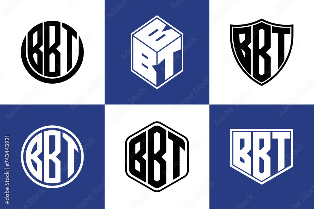 BBT initial letter geometric shape icon logo design vector. monogram, letter mark, circle, polygon, shield, symbol, emblem, elegant, abstract, wordmark, sign, art, typography, icon, geometric, shape
