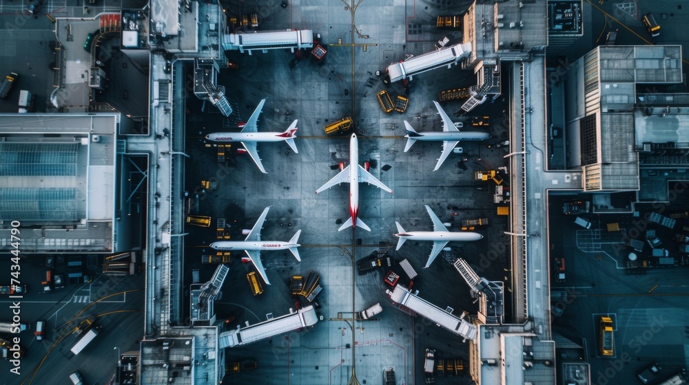 A birds eye view of multiple jet bridges showcasing the bustling energy of an airport and the many destinations it connects to. A birds eye view of multiple jet bridges showcasing the bustling energy of an airport and the many destinations it connects to.