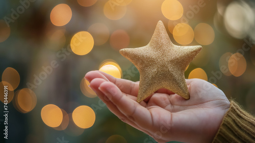 Holding a golden star with festive lights.