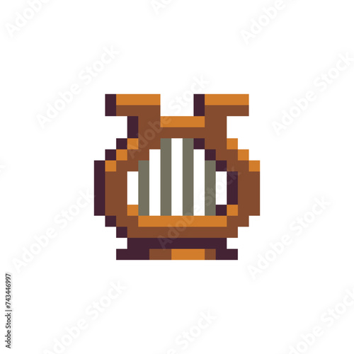 Lira musical instrument emoji, pixel art icon antique culture symbol isolated vector illustration. Game assets 8-bit sprite. Design logo, mobile app, sticker, embroidery. 