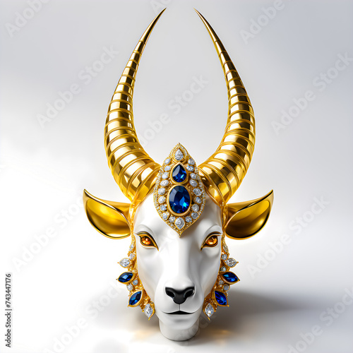 the head of a goat devil made of silver, with a golden horn that is adorned with gold inlay diamonds and flashing numerous jewels.