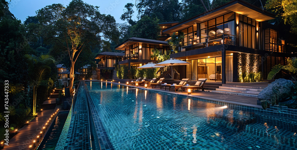 Luxury hotel with swimming pool at night in the tropics,Luxury hotel with swimming pool in the evening, Thailand.