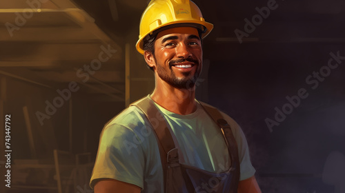 Portrait d'un travailleur souriant, avec son casque de chantier et son tablier. Equipier en construction photo
