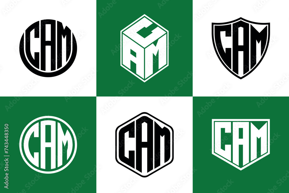 CAM initial letter geometric shape icon logo design vector. monogram, letter mark, circle, polygon, shield, symbol, emblem, elegant, abstract, wordmark, sign, art, typography, icon, geometric, shape