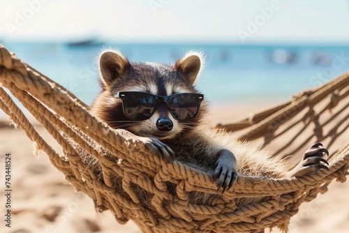 Cute raccoon in sunglasses lies relaxed in a hammock on the beach against the backdrop of the ocean sea on a sunny day, summer holiday concept, travel advertising