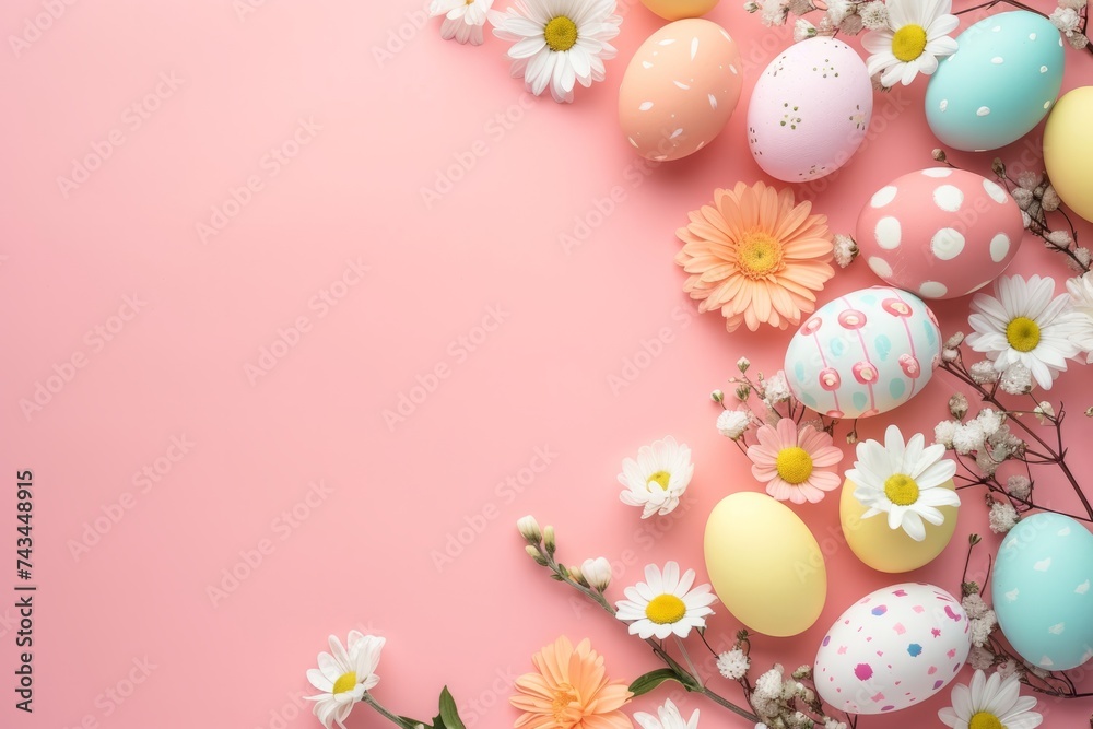 Decorated Easter eggs with flowers arranged in a circle on a pink background in the center with space for copy text. Spring card. Valentine's day, wedding day and anniversary concept