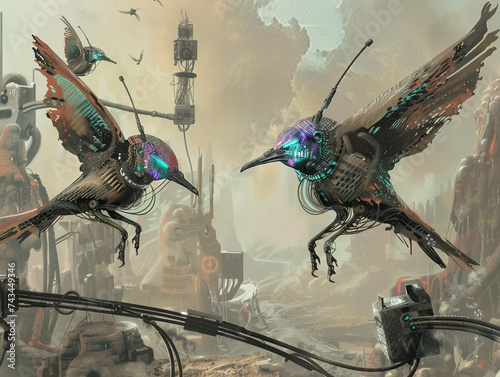 Cybernetic Stymphalian Birds characters of steel and circuits hovering in a stark technologically advanced landscape photo