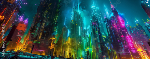 Cyberpunk cityscape with Aztec Empire motifs illuminated by aurora like neon lights showcasing a blend of old and new