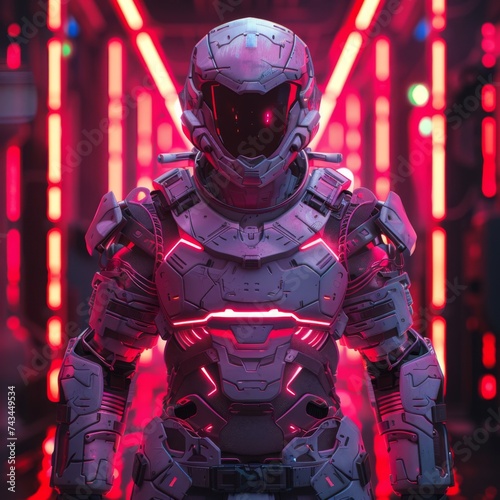 Futuristic soldier armor reflecting light isolated on a neon lit background photo