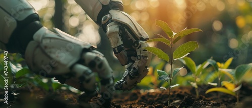 Technology merging with traditional farming a robot hand planting a tree close up on the interaction photo