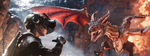 Virtual reality gaming player fighting dragons immersive experience