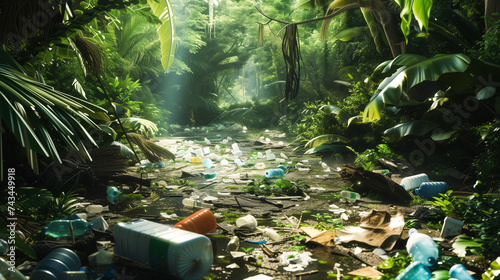 Trash scattered in a lush forest setting