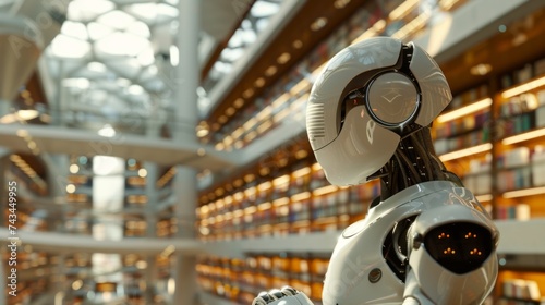 Close up of a 3D printed robot assistant guiding humans in a vast futuristic library