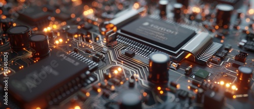 Close up of electric circuit board components glowing tech innovation theme photo