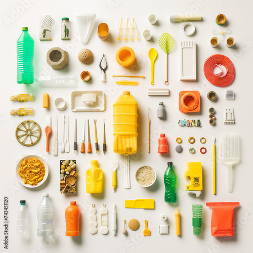 Waste plastic items creatively arranged on a white background