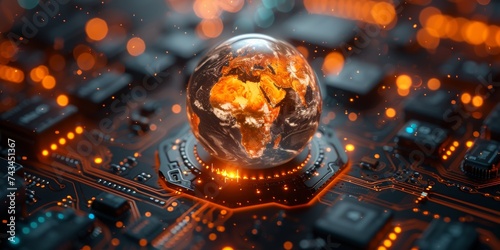 Globe on circuit board, concept of global technology and connectivity