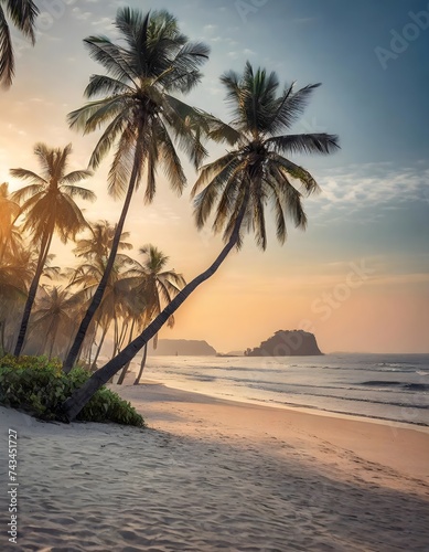 A serene tropical beach scene with palm trees reaching for the sky, summer getaway tranquil beauty coastal bliss vacation vibes, sunset on the beach