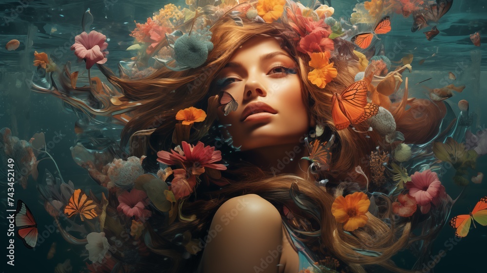 Portrait of a beautiful woman with flowers in her hair and butterflies around her Portrait of a beautiful woman with flowers in her hair and butterflies around her