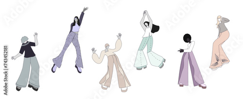 Disco dancing illustrations set. People in various dance poses. Design elements 70s style. Vector illustration. Isolated on a white background.