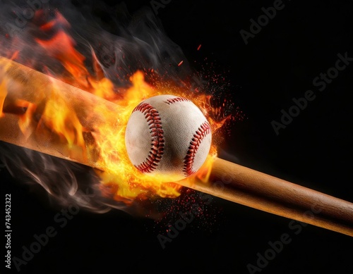 炎に包まれた野球ボールをバットで撃ち返す Shooting back a baseball engulfed in flames with a bat photo