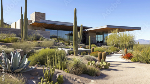 This contemporary residence is designed to fit seamlessly into the desert landscape with a low profile and earth tone color scheme and a unique cactus garden growing on the