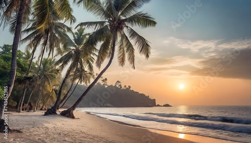 A serene tropical beach scene with palm trees reaching for the sky  summer getaway tranquil beauty coastal bliss vacation vibes  sunset on the beach