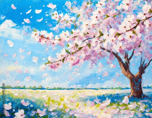 暖かい春に咲く桜と散る花びら